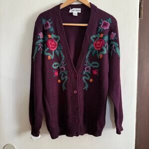 80s Vintage Alfred Dunner Burgundy Wool Blend Cardigan Embroidered Flowers | M